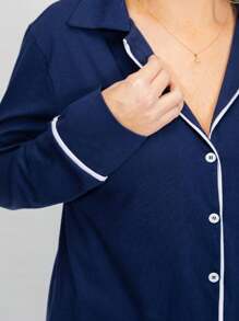 American Women's Long Cotton Pajamas With Buttons Long Sleeve Blouse With Pants Cold Winter Adult Suitable For Pregnant Women Breastfeeding And Post-Surgery - Navy Blue - 藏蓝色 - 查看 7