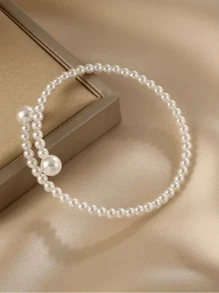 1 件优雅可调节人造珍珠串珠手链，适合女士，几何设计，精致时尚配饰，适合日常使用、聚会和度假，复古风格的时尚开口袖口 - 理想的礼物 - 白色 - 查看 4