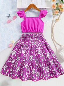 Tween Girl 2pcs/Set Floral Allover Print Halter Top And Skirt, Summer Casual & Elegant Outfits - Hot Pink - View 6