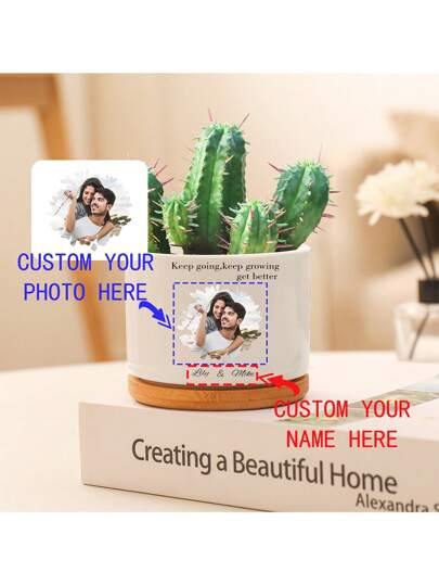 Custom Charming White Ceramic Succulent & Cactus Planter With Bamboo Base Best Gift For Your Couple Family 'Keep Going Keep Growing Get Better ' Printed Indoor/Outdoor Use Drainage Hole Included (Plant Not Included) Decorative Plant Pots Cactus Decor Gifts Birthday Graduation