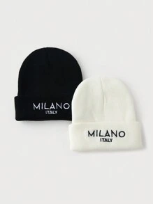 1pc Or 2pcs Men's Black & White Letter Embroidery "MILANO ITALY" Knit Beanie Caps, Warm Winter Daily Wear Fall Outfit - Multicolor - View 6