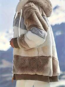 Fuzzy New Jacket, Loose Fur Colorblock Hooded Jacket For Women, Autumn/Winter - Khaki - View 5