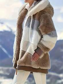 Fuzzy New Jacket, Loose Fur Colorblock Hooded Jacket For Women, Autumn/Winter - Khaki - View 6