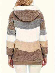 Fuzzy New Jacket, Loose Fur Colorblock Hooded Jacket For Women, Autumn/Winter - Khaki - View 4