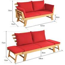 Wooden Garden Bench, Garden Sofa With Reclining Function, 2-3 Seater Wooden Bench With Folding Side Rests, Including Cushion, Balcony Bench, Outdoor Bench For Garden, Terrace, Balcony, 157 X 75 X 75cm (Red) - Đỏ - Xem 3