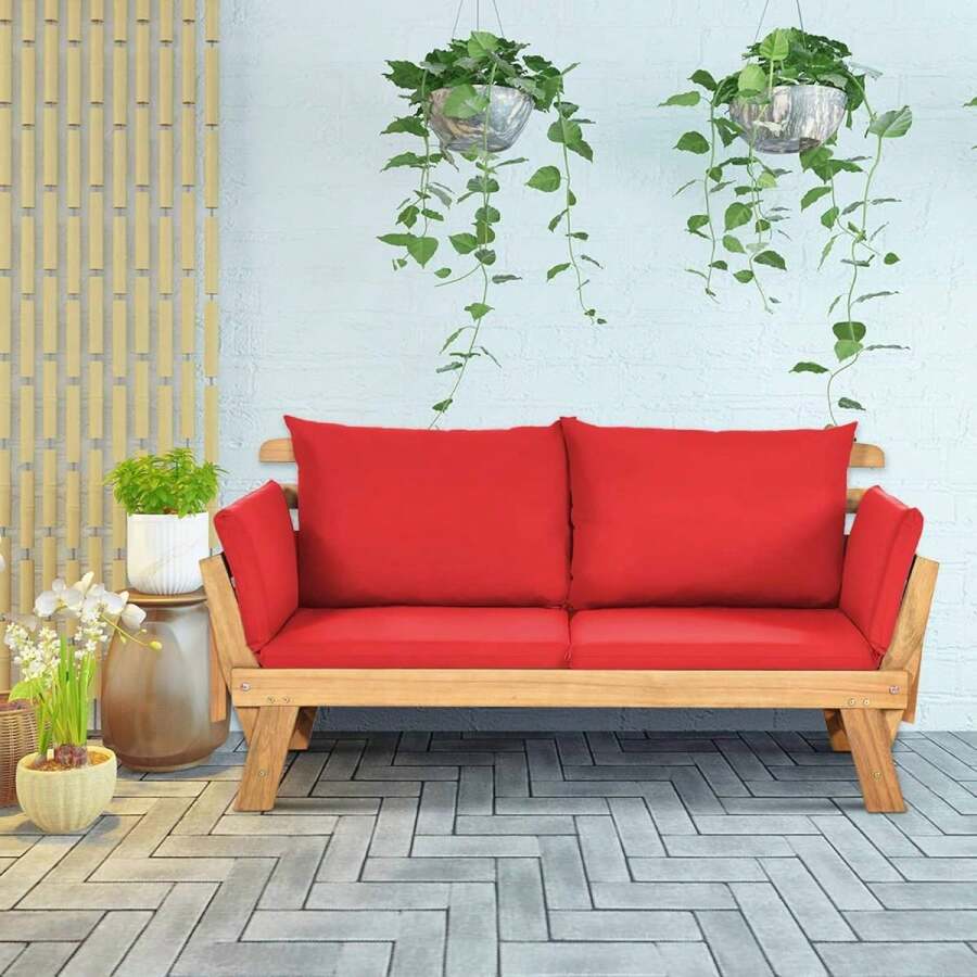 Wooden Garden Bench, Garden Sofa With Reclining Function, 2-3 Seater Wooden Bench With Folding Side Rests, Including Cushion, Balcony Bench, Outdoor Bench For Garden, Terrace, Balcony, 157 X 75 X 75cm (Red) - Đỏ - Xem 1