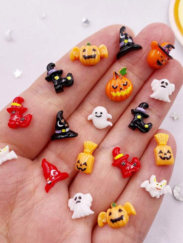30 piezas Accesorios variados de resina con fantasmas, calabazas, sombreros, murciélagos y botas de Halloween en colores, miniaturas planas para arte de uñas, scrapbooking, DIY, joyería y manualidades
