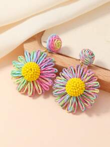 1 par de aretes tejidos a mano en estilo bohemio vacacional con hierba de rafia de color naranja, verde, beige, caqui y amarillo, cuentas y flores margarita, adecuados para uso diario por mujeres - Beis - Ver 11