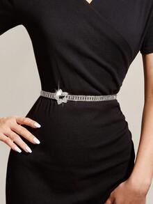 1 件女式银色镂空花形双排水晶珠装饰轻质奢华腰链腰带连衣裙配饰，百搭日常穿着 - 銀色 - 查看 1