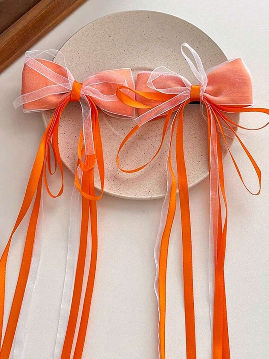 女孩发夹：2 件装蝴蝶发夹，配有流苏和缎带 - 返校发饰（优雅中国风） - 橘色 - 查看 1