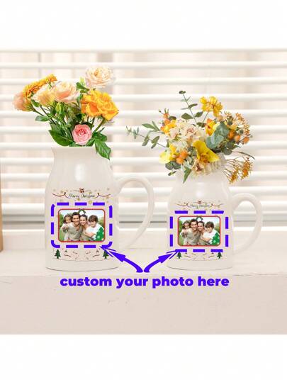 Personalized Photo Ceramic Milk Jug Custom Name Printed Vase Holiday Home Table Decoration Christmas 2025 Keepsake Gift Country Farmhouse Winter Decor Souvenir Gift For Mom Friends Couple Family Housewarming Party Centerpiece, Personalized Ceramic Vase