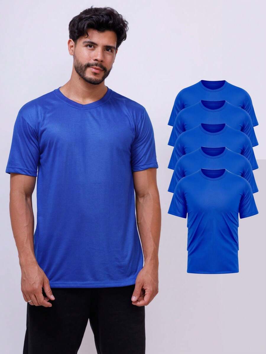 Kit With 5 Basic T-Shirts 100% Polyester - Royal Blue - Xanh đậm - Xem 1