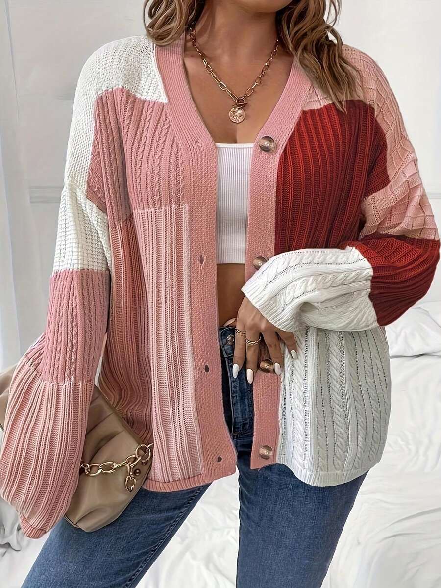 1. Suéter de lana con botones delanteros de talla grande
2. Suéter de punto de manga larga con bloque de color y cuello en V casual para mujer
3. Suéteres de punto de talla grande para mujer, otoño e invierno