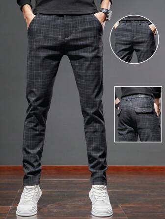 斜口袋格纹休闲紧身裤，条纹休闲弹力紧身裤，百搭又时尚