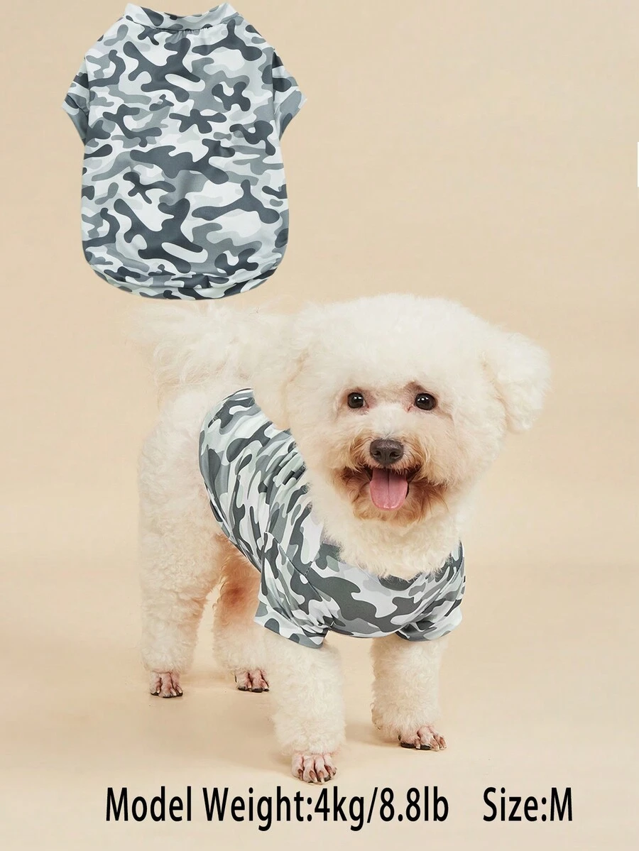 1 pieza Ropa para mascotas con estampado de camuflaje, leopardo, hoja de arce, huella de pata y cielo estrellado, camiseta transpirable para perro - Gris - Ver 1