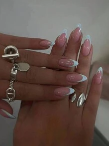 24 件中号杏仁色浅蓝色法式尖头指甲，中号完美贴合亚克力假指甲套装，包含 1 件果冻胶和 1 件指甲锉，夏季指甲和法式尖头指甲，适合女性和女孩 DIY 日常工作学习和派对使用美甲用品 - 彩色 - 查看 7