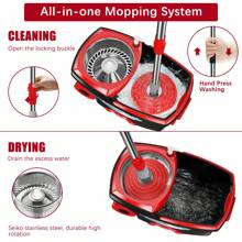 Tsmine FunClean Spin Mop And Bucket,360 Spinning Mopping Floor Cleaning Tool With 4 Microfiber Replacement Head Refills,Mop And Bucket With Wringer Set For Home,61" Extended Handle, 2X Wheel