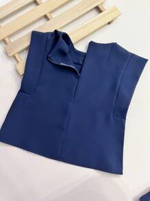 Women's Set: Solid Color Sleeveless Round Neck Top For Summer And Pantaloon Pants With Belt And Bag - Navy Blue - View 3