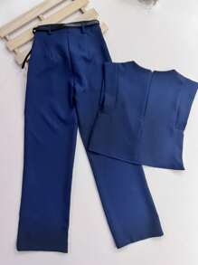 Women's Set: Solid Color Sleeveless Round Neck Top For Summer And Pantaloon Pants With Belt And Bag - Navy Blue - View 7