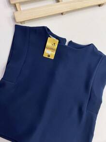 Women's Set: Solid Color Sleeveless Round Neck Top For Summer And Pantaloon Pants With Belt And Bag - Navy Blue - View 4