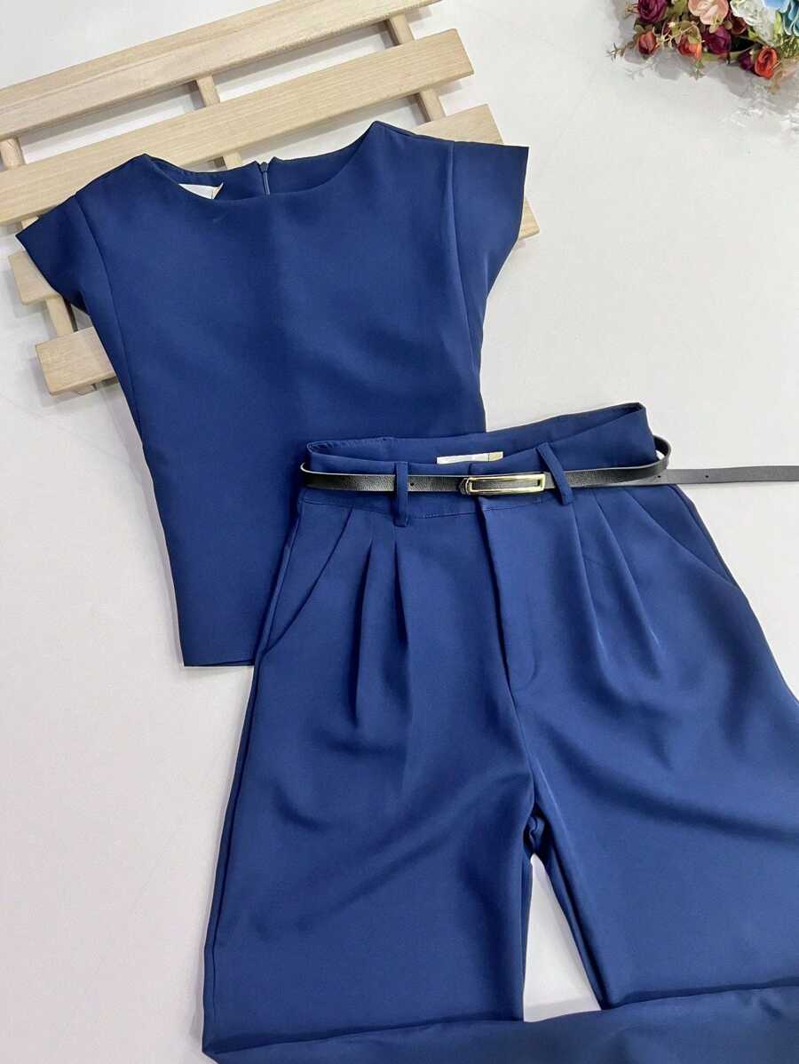 Women's Set: Solid Color Sleeveless Round Neck Top For Summer And Pantaloon Pants With Belt And Bag - Navy Blue - View 1