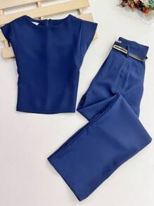 Women's Set: Solid Color Sleeveless Round Neck Top For Summer And Pantaloon Pants With Belt And Bag - Navy Blue - View 2