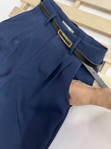 Women's Set: Solid Color Sleeveless Round Neck Top For Summer And Pantaloon Pants With Belt And Bag - Navy Blue - View 6