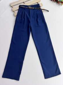 Women's Set: Solid Color Sleeveless Round Neck Top For Summer And Pantaloon Pants With Belt And Bag - Navy Blue - View 5