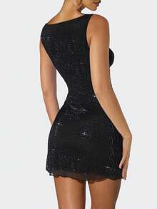 Black Double Mesh Rhinestones Square Neck Bodycon Dress - Black - View 4