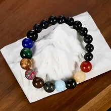1 pieza Pulsera elástica con piedra natural hecha a mano con patrón de 8 planetas, adecuada para hombres