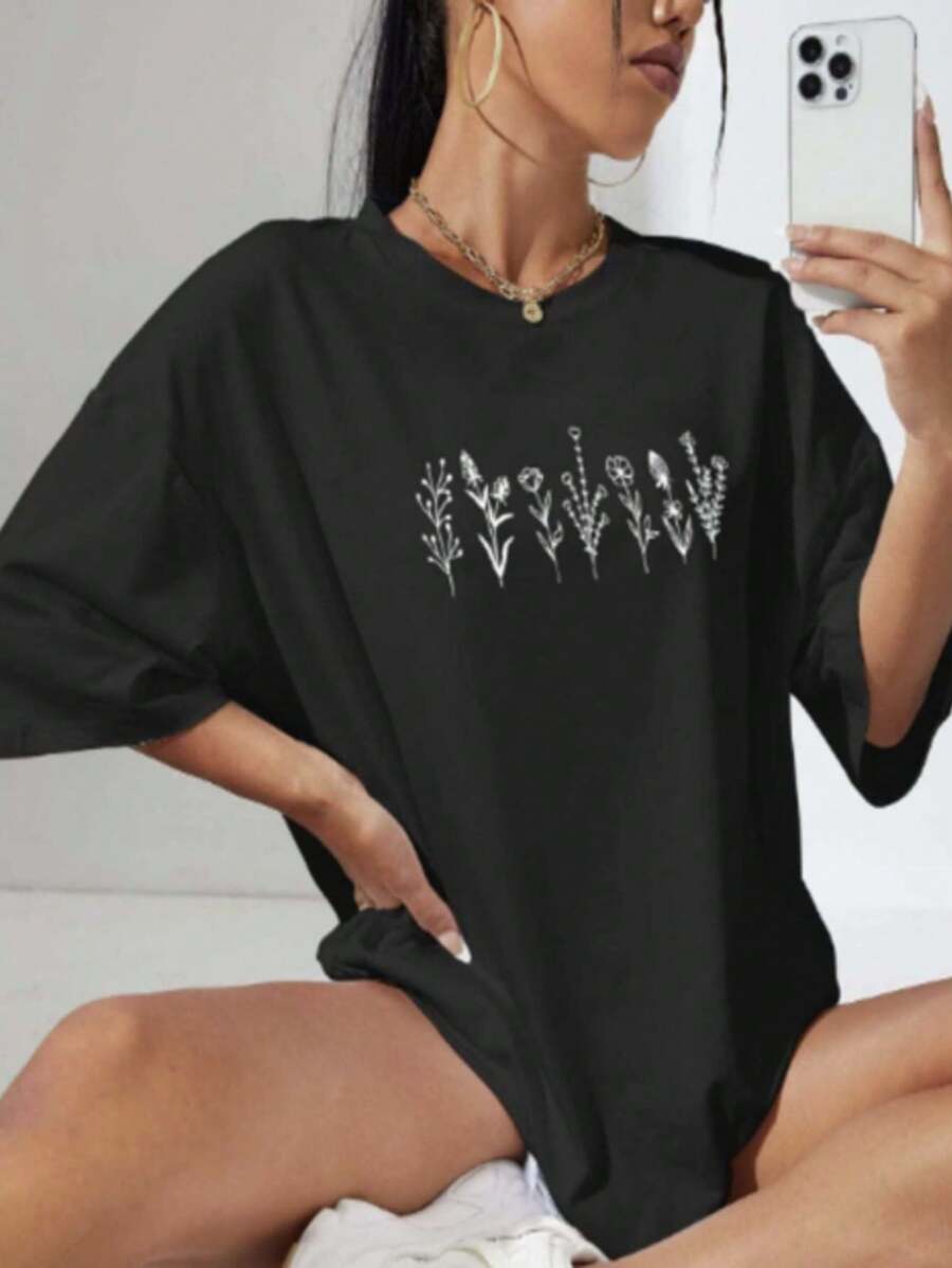Women's T-Shirt Drop Shoulder Basic Streetwear T-Shirt Blogger Shirt - màu đen - Xem 1