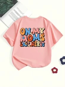 少女字母印花圓領短袖T恤 - 粉色 - 查看 1