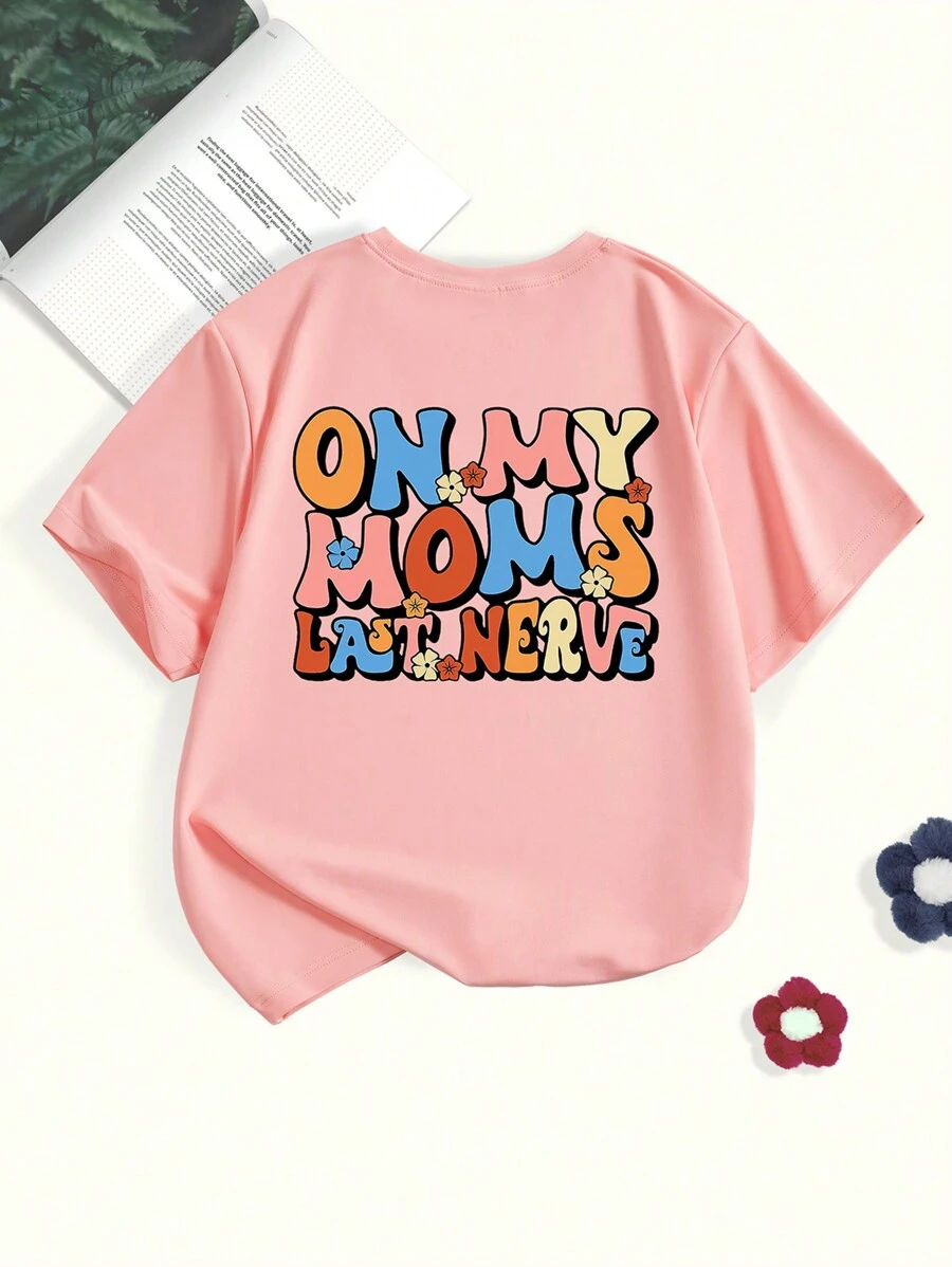 少女字母印花圓領短袖T恤 - 粉色 - 查看 1