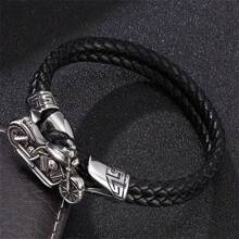 SeuSuk 1pc Fashionable Men's Classic Punk Motorcycle Model Braided Leather Bracelet, Rugged Street Motorcycle Accessory - Black - View 4