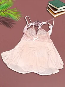 1pc Sexy See-Through Lace Splicing Lingerie Dress, Including T-Back Panty For Home Use For Going Out - Pink - View 10