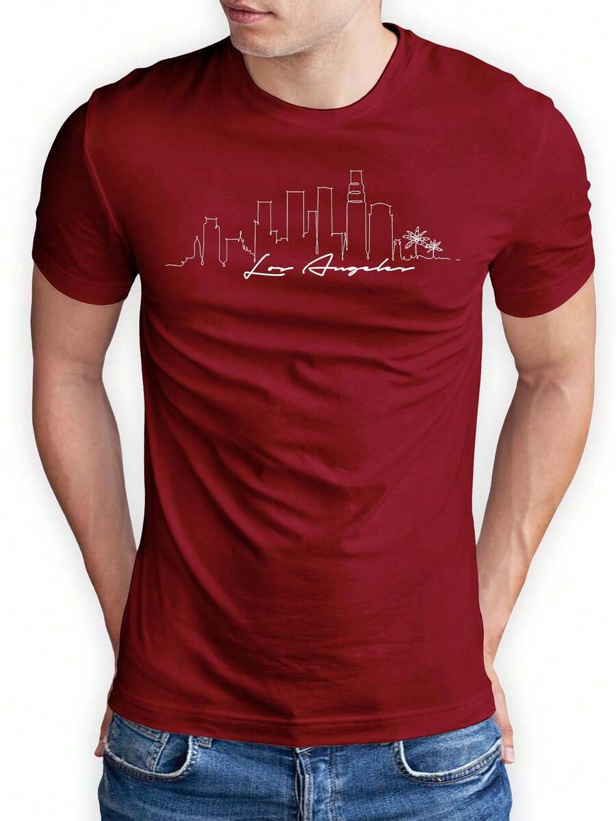 Unisex Los Angeles City T-Shirt 100% Cotton Color Black And White Print - 紫紅色 - 查看 1