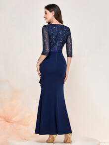 MIUSOL Vestido formal de fiesta con escote en V, lentejuelas, ribete con volantes y abertura en el muslo y bajo de sirena - Azul Marino - Ver 2