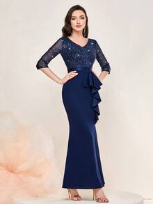 MIUSOL Vestido formal de fiesta con escote en V, lentejuelas, ribete con volantes y abertura en el muslo y bajo de sirena - Azul Marino - Ver 5