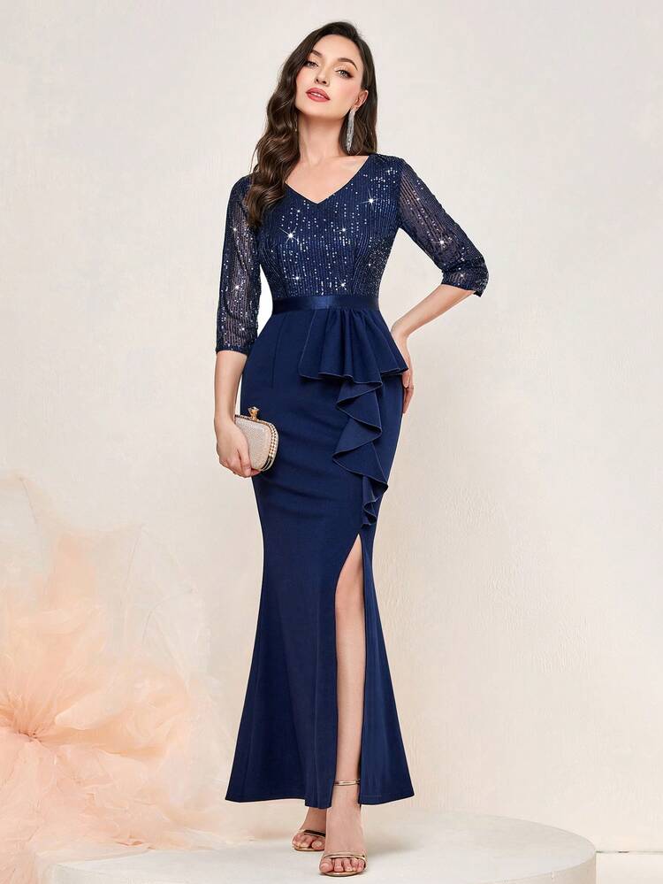 MIUSOL Sequin V Neck Ruffle Trim Split Thigh Mermaid Hem Formal Party Dress - 藏蓝色 - 查看 4
