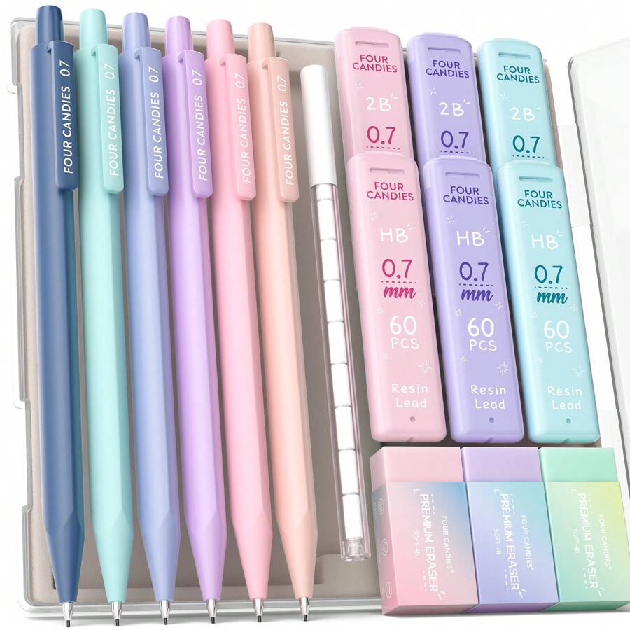 0.5 &0.7 Mm Mechanical Pencil Set, 6PCS Cute Mechanical Pencils With 360PCS Leads, 3PCS Pastel Erasers And 9PCS Eraser Refills, Aesthetic Pencils For Girls Writing - 0.7mm - 查看 1