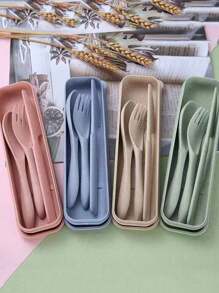 三合一餐具套装，露营餐具套装，带收纳盒，可重复使用的勺子、刀子和叉子，便携式旅行餐具，塑料盒，适合旅行、野餐、露营或日常使用，非常适合学生、旅行者和厨房使用，返校必备 - 彩色 - 查看 1