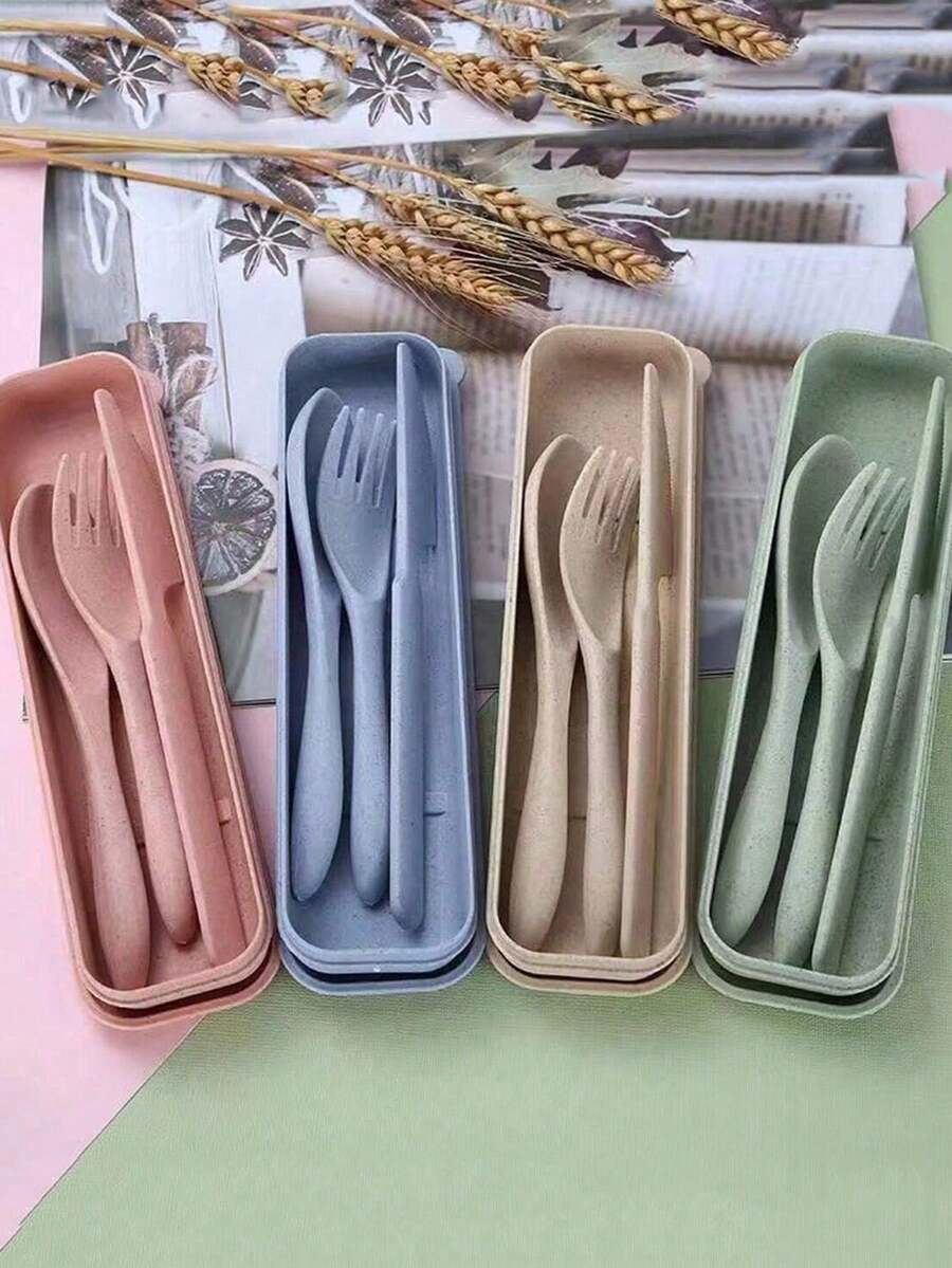 三合一餐具套装，露营餐具套装，带收纳盒，可重复使用的勺子、刀子和叉子，便携式旅行餐具，塑料盒，适合旅行、野餐、露营或日常使用，非常适合学生、旅行者和厨房使用，返校必备 - 彩色 - 查看 1