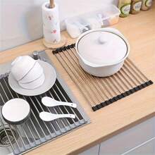 1pc Stainless Steel Roll-Up Dish Drying Rack, Multifunctional Drainer Rack, Foldable Kitchen Sink Organizer, Portable Metal Rolling Rack