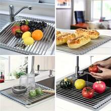 1pc Stainless Steel Roll-Up Dish Drying Rack, Multifunctional Drainer Rack, Foldable Kitchen Sink Organizer, Portable Metal Rolling Rack