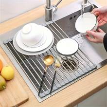 1pc Stainless Steel Roll-Up Dish Drying Rack, Multifunctional Drainer Rack, Foldable Kitchen Sink Organizer, Portable Metal Rolling Rack