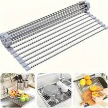 1pc Stainless Steel Roll-Up Dish Drying Rack, Multifunctional Drainer Rack, Foldable Kitchen Sink Organizer, Portable Metal Rolling Rack