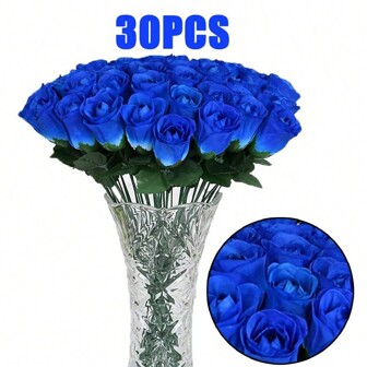 60 piezas Rosas artificiales azul/blanco, ramo de flores, flores de seda, flores falsas para decoración de sala de estar, accesorios de boda, regalos para el Día de la Madre y el Día del Padre, regalo del Día de San Valentín, fiesta de cumpleaños, decoración de eventos, canasta de flores de boda