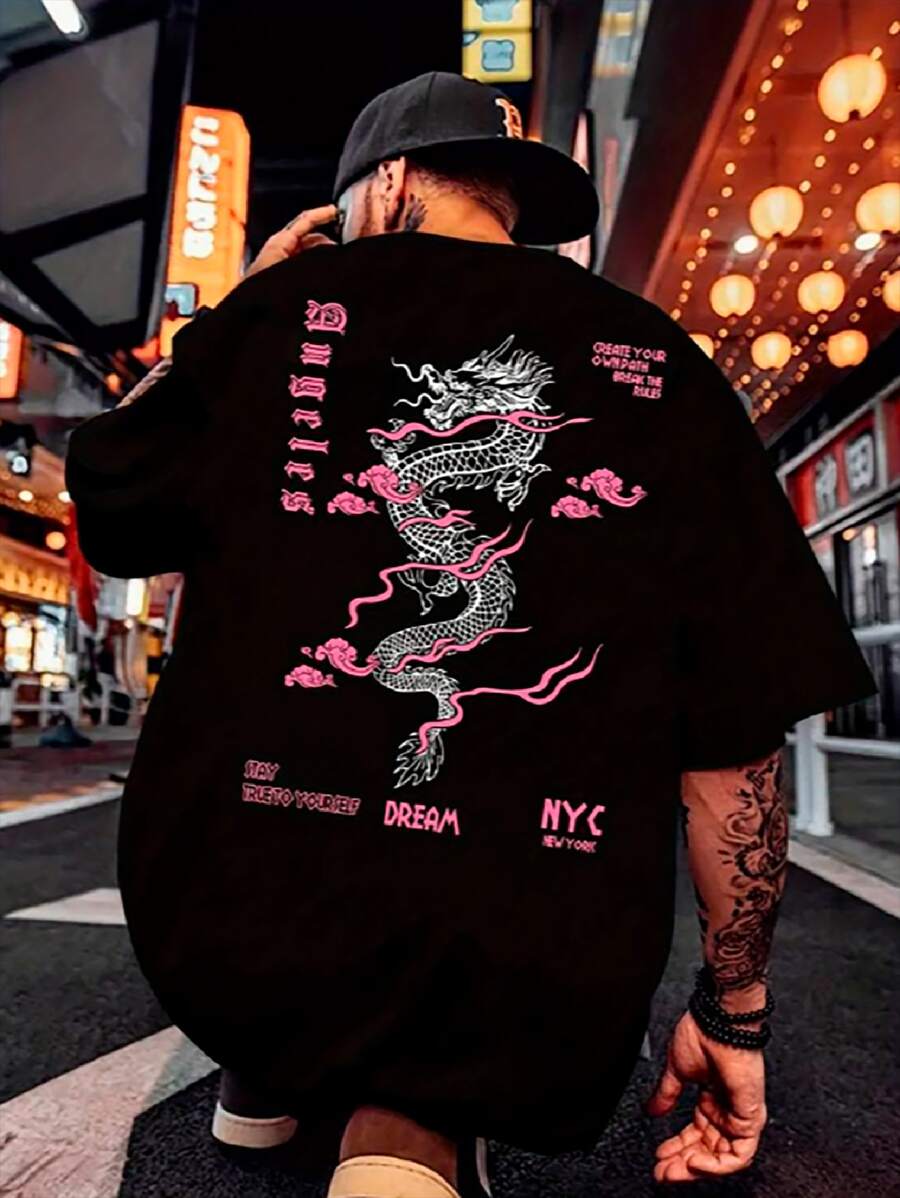 Sidecoat Men's Oversize Shirt Chinese Pink Dragon Print T-Shirt Good Quality - màu đen - Xem 1