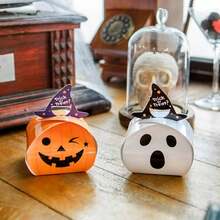 5/10 piezas Cajas de dulces de Halloween, cajas de papel vacías con decoración de calabaza de dibujos animados para galletas, pasteles, pastelería, pequeñas cajas de regalo, fiesta de Halloween - fantasma - Ver 1