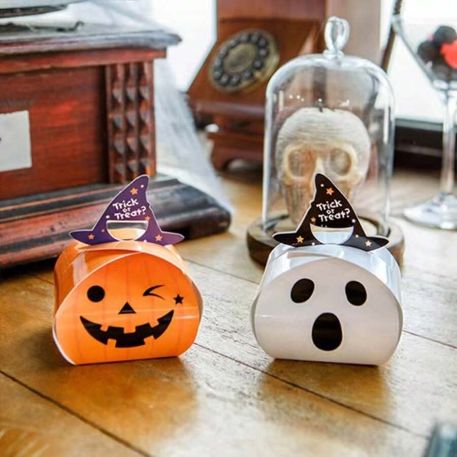5/10 piezas Cajas de dulces de Halloween, cajas de papel vacías con decoración de calabaza de dibujos animados para galletas, pasteles, pastelería, pequeñas cajas de regalo, fiesta de Halloween - fantasma - Ver 1